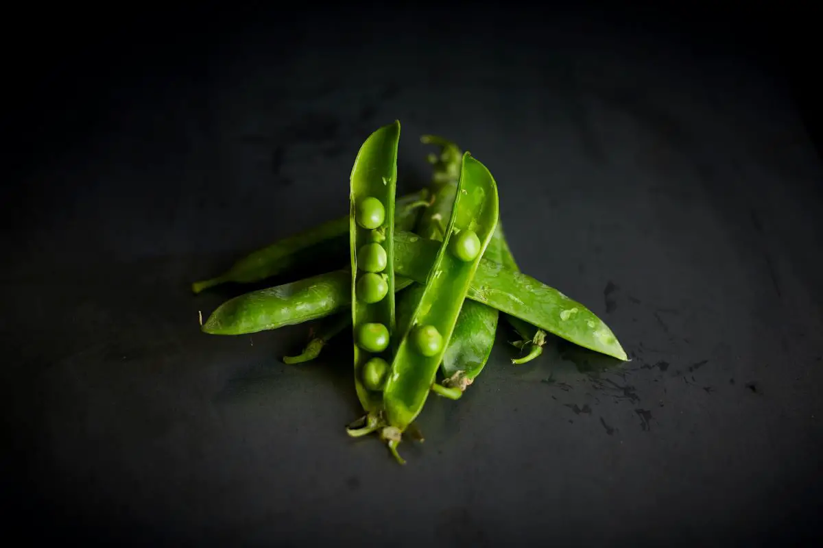 Sugar snap peas on a black surface. One of the pea pod is open, and the peas are all lined up in it. This photo was taken by Avid Todd Mccarty on unsplash