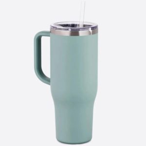 40 oz Stainless steel tumbler with handle and straw. Double walled. Spill resistant. Fits in standard size cup holder. Color: Soft Matte Winter Sage