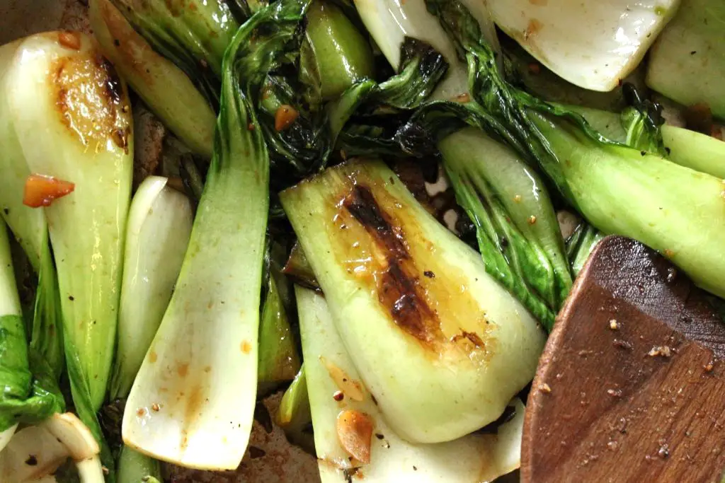 Sauteed bok choy with soy sauce, sesame seed oil, ginger, and garlic.