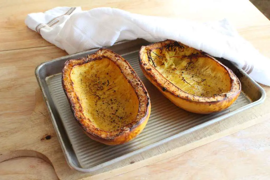 Oven Baked Spaghetti Squash on a sheet pan