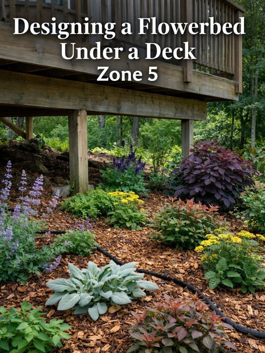 Designing a flower bed under a deck in Zone 5 with mulch, irrigation lines, and shade-tolerant perennials.